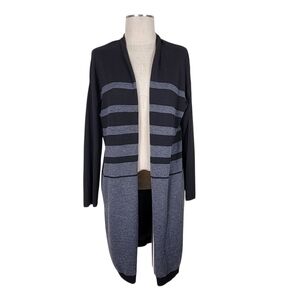 T Tahari Longline Cardigan Women Size M/L Black Gray Striped Open Cashmer Blend